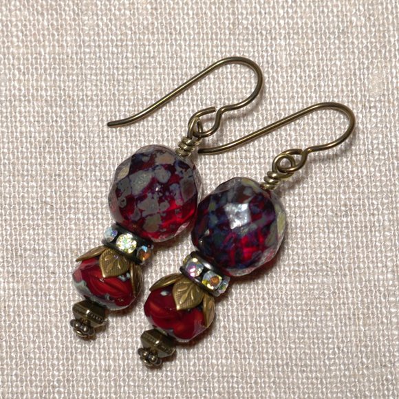 Hand Crafted Handmade Earrings Red Czech Glass & Rhinestone Long Earrings - Picture 1 of 5